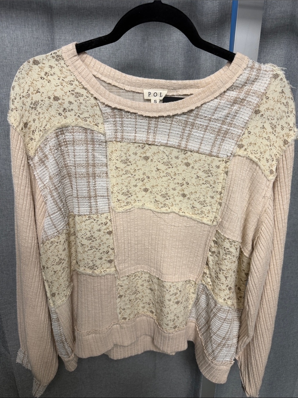 POL Neutral Patchwork Ribbed Knit Top in Beige and Cream